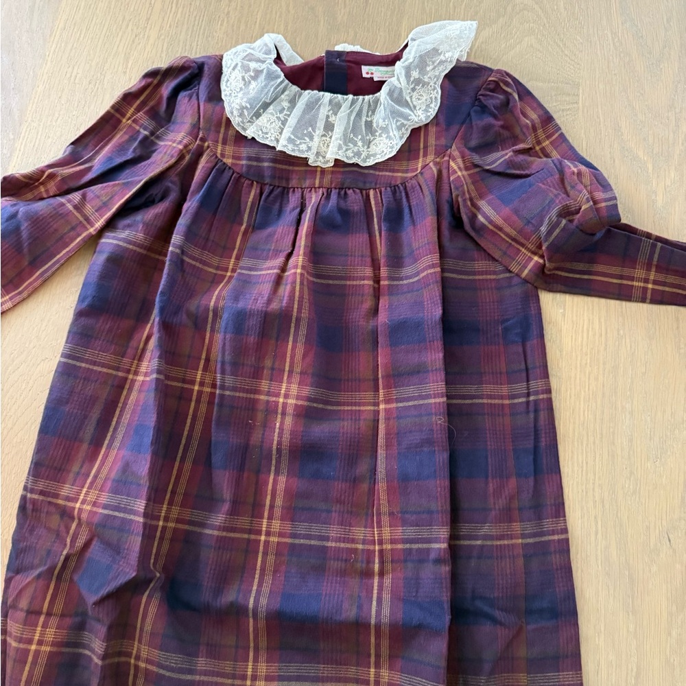 Bonpoint Burgundy and Navy Plaid Dress with Lace Detail